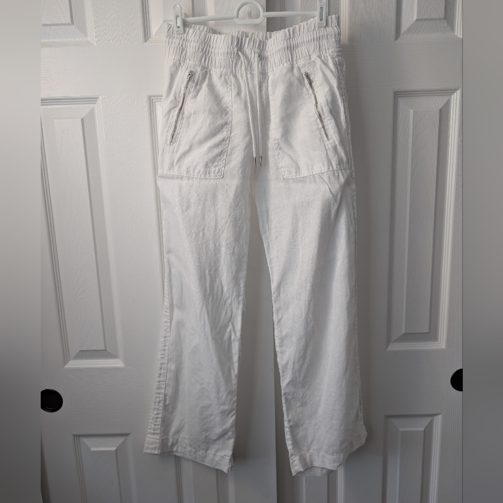 Athleta Cabo 100% Linen Wide Leg Pants Elastic waist Zip pockets, White, size 0 - Picture 9 of 15